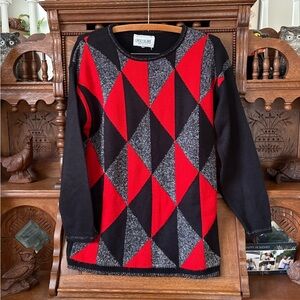 Red and Black Vintage Sparkle Argyle Sweater Size Medium
